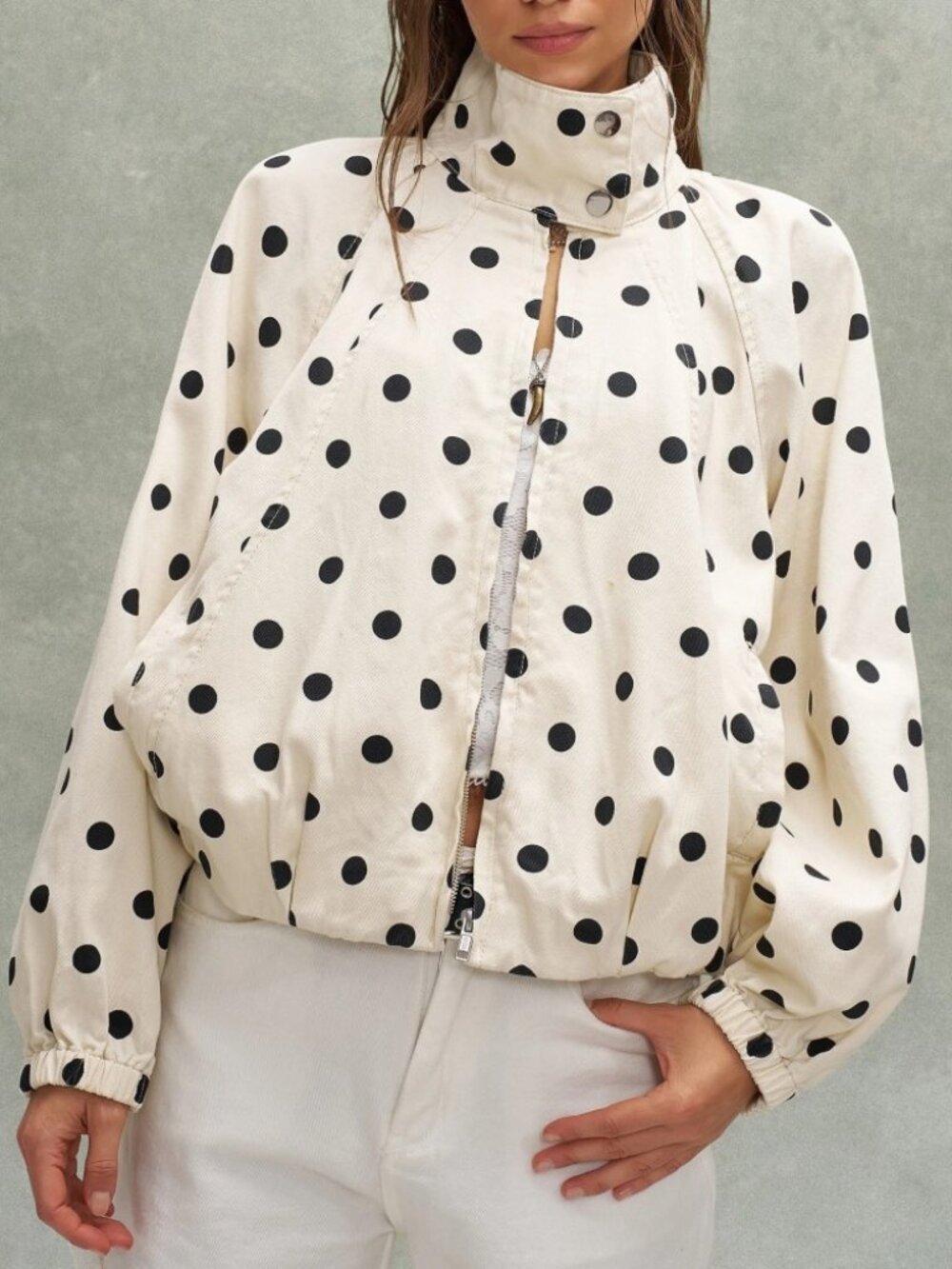 Ivory Polka Dot Cropped Jacket with Button Collar